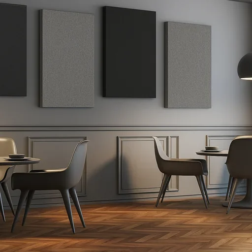 Grey and charcoal rectangular acoustic panels on a café wall above dining chairs, with a black pendant lamp in front