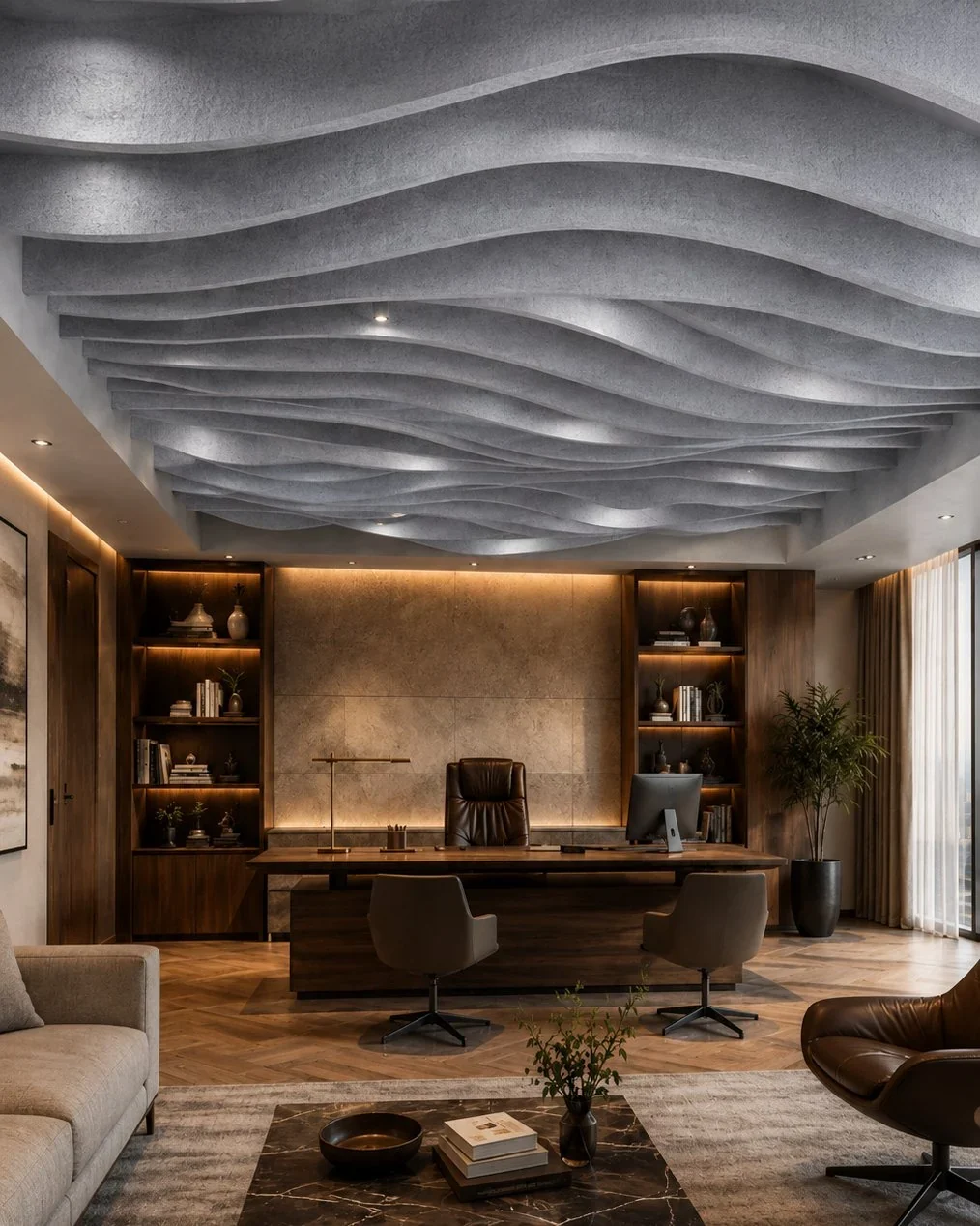 Executive office with a grey wave-shaped acoustic ceiling, recessed downlights between the curves, a timber desk and a leather armchair