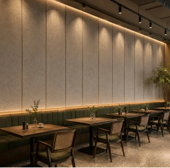 Restaurant wall lined with tall pale acoustic panels, with warm linear lighting along the top edge and the base of the wall above banquette seating