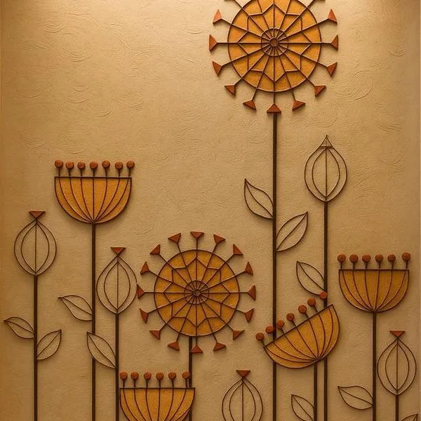 Sand-coloured acoustic wall with stylised flowers and seed heads cut out in orange and brown