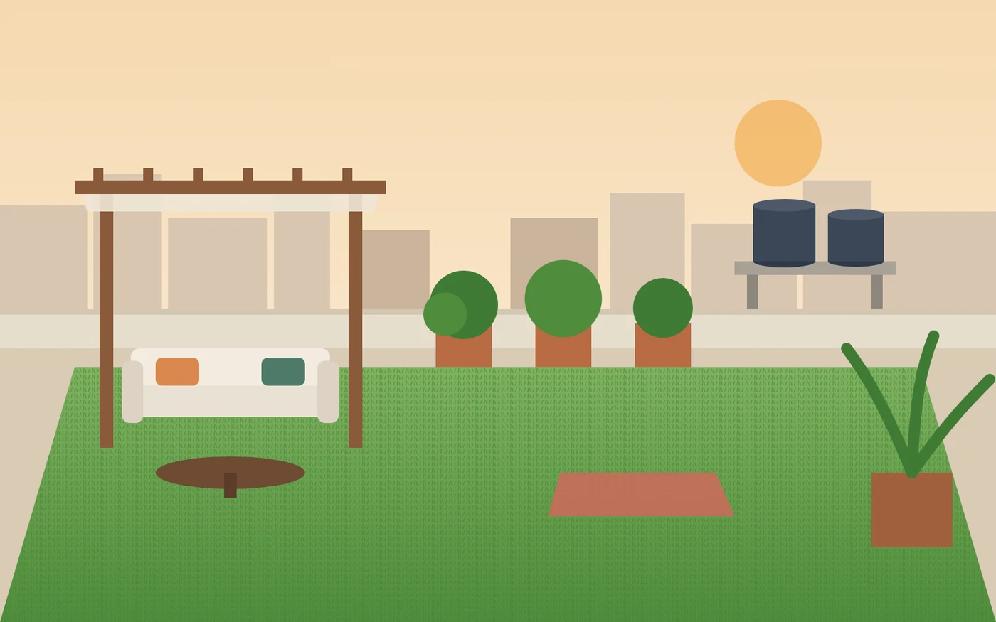 Illustration of a rooftop terrace with an artificial lawn, planters along the parapet and water tanks on a raised platform