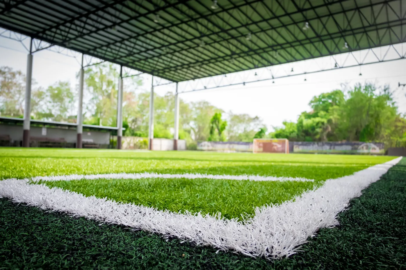 Covered artificial turf pitch with white boundary lines, open to trees on one side