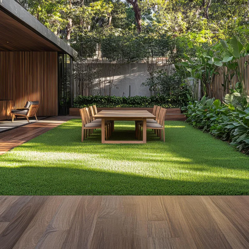 Green artificial lawn beside a timber deck with an outdoor dining table, plants along a fence and a covered seating area