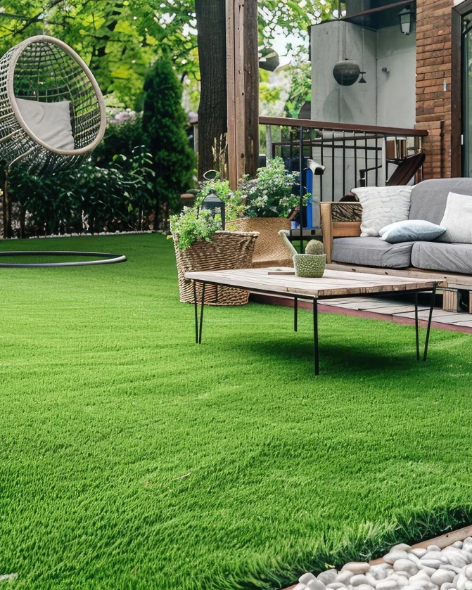 Garden lounge with a hanging egg chair, woven basket planters, a grey outdoor sofa and a timber coffee table on a green artificial lawn, with trees behind