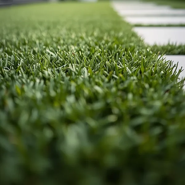 Close-up of dense green artificial grass with a soft-focus background