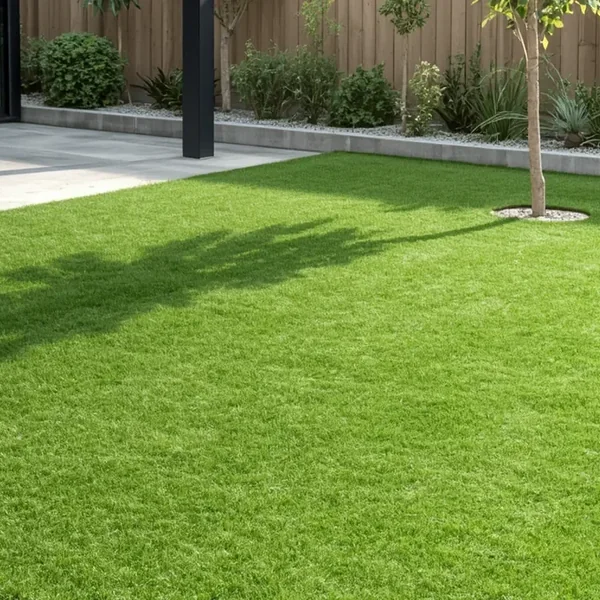 Green artificial lawn in a garden with a young tree, shrubs and a timber fence behind