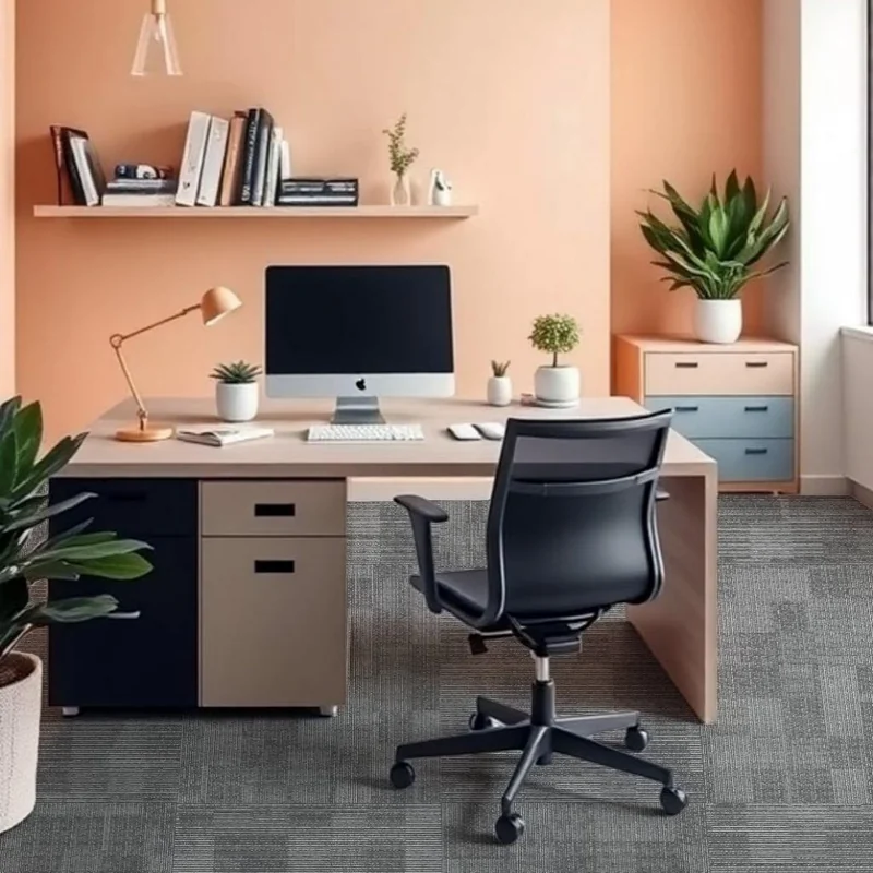Private cabin with a timber desk, black office chair and peach wall on grey carpet planks
