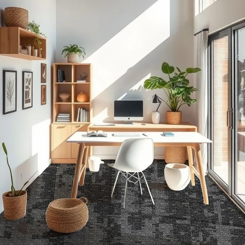 Bright study with a high timber ceiling, a white desk and chair, shelves and plants on charcoal carpet planks