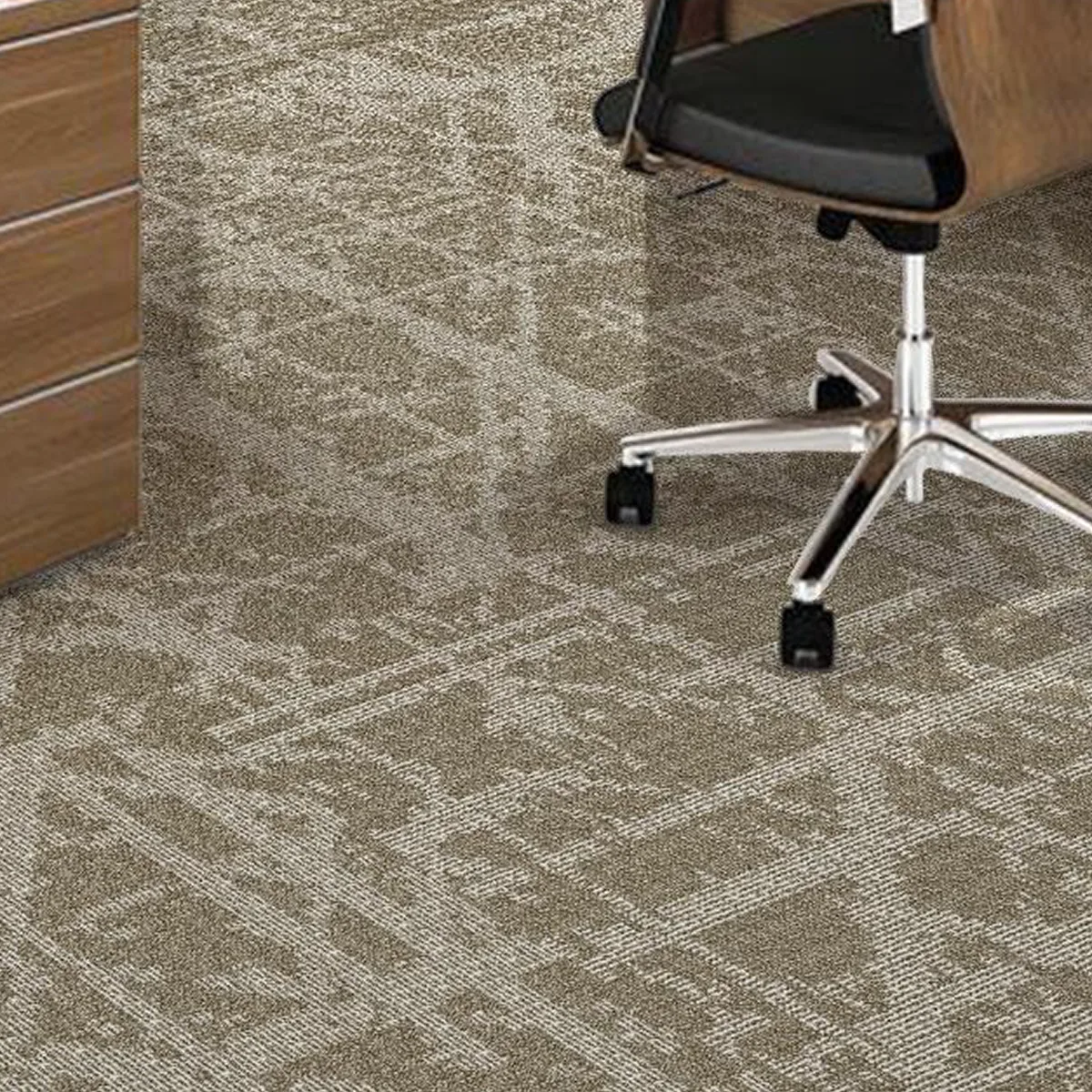 Beige broadloom carpet with a fine textured pattern under a timber desk and black office chair