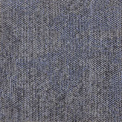 Close-up of broadloom carpet with a swirling textured pattern in blue and grey