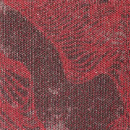 Close-up of broadloom carpet with a swirling textured pattern in red and charcoal