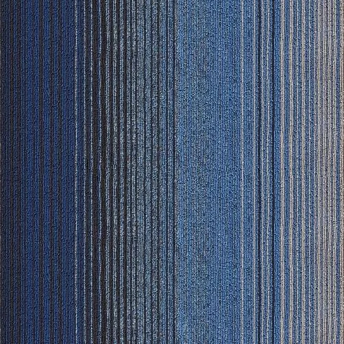 Square carpet tile with fine vertical stripes shading from dark blue to bright blue and grey