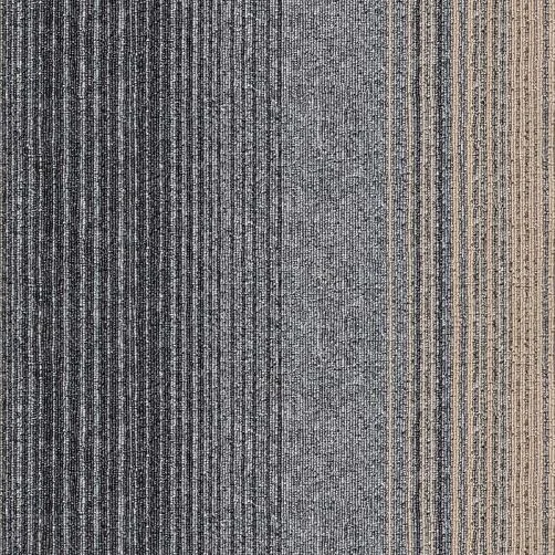 Square carpet tile with fine vertical stripes shading from charcoal to light grey