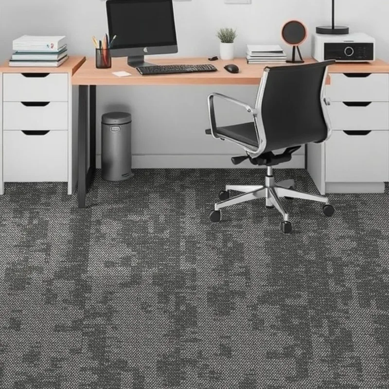 White desk with filing cabinets and a black chair on dark grey textured carpet tiles