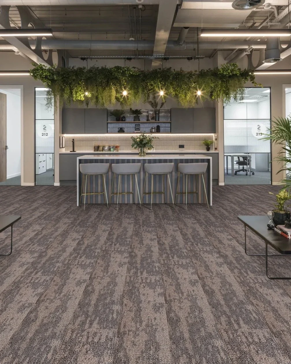 Office lounge with grey-brown carpet planks running towards a kitchen counter with bar stools and hanging plants