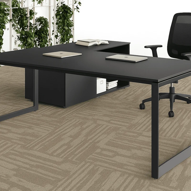 Black office desk and chair on a beige textured carpet tile floor, with plants on shelves behind