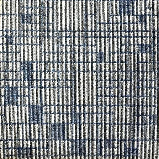 Square carpet tile in grey and white with blue rectangles scattered across a fine grid