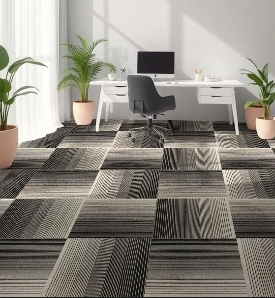 White desk with a grey chair and plants on carpet tiles with fine stripes in grey, beige and black, laid in alternating directions
