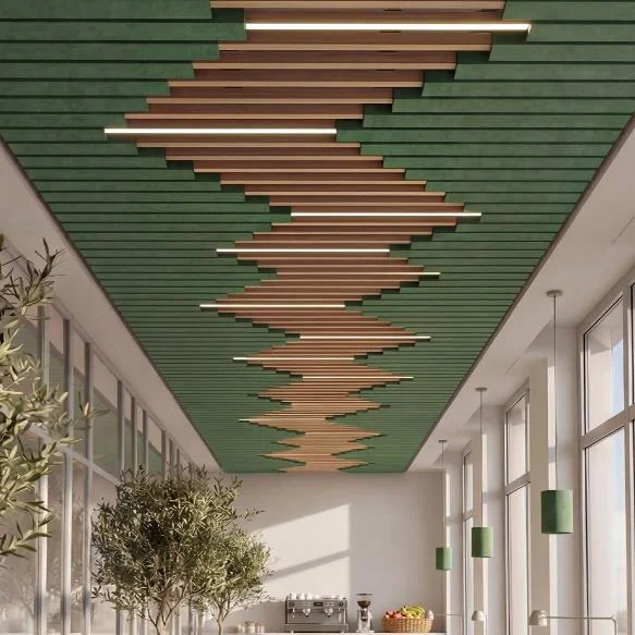 Long corridor with tall windows and trees under a green acoustic ceiling with a timber zigzag inlay