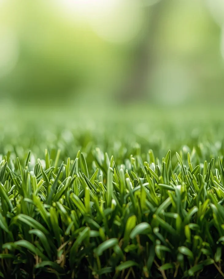 Close-up of green artificial grass blades at ground level with a softly blurred green background