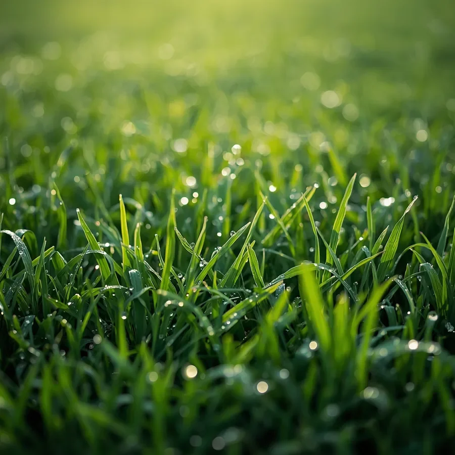 Macro close-up of green artificial grass blades with small water droplets catching sunlight