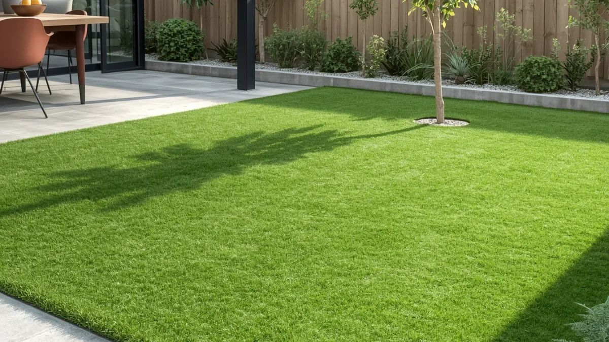 Artificial grass lawn in bright sun beside a paved terrace with outdoor dining chairs, a timber fence and a young tree