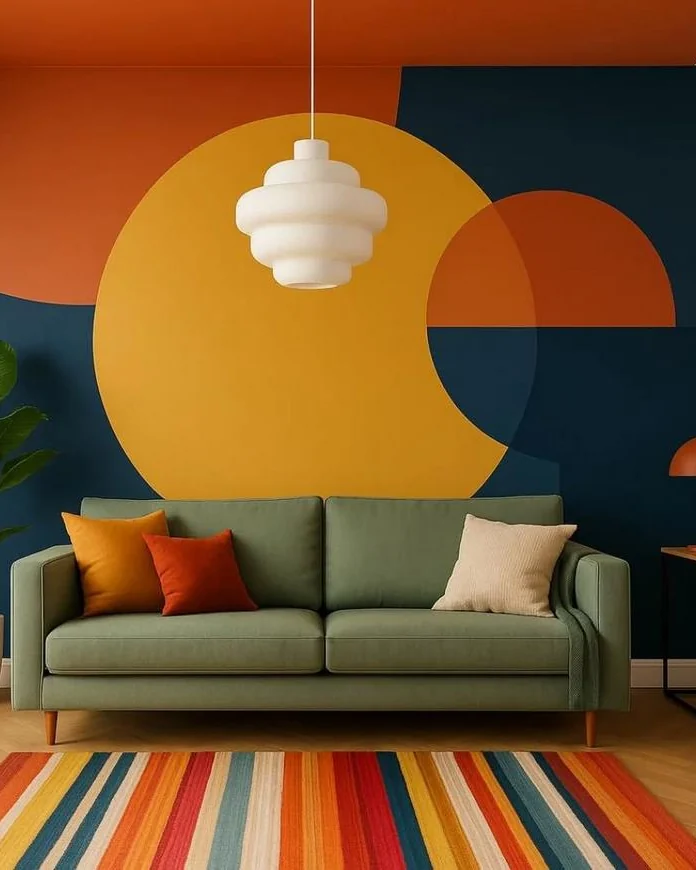 Living room with a green sofa and striped rug in front of a wall of geometric acoustic panels in orange, mustard and navy