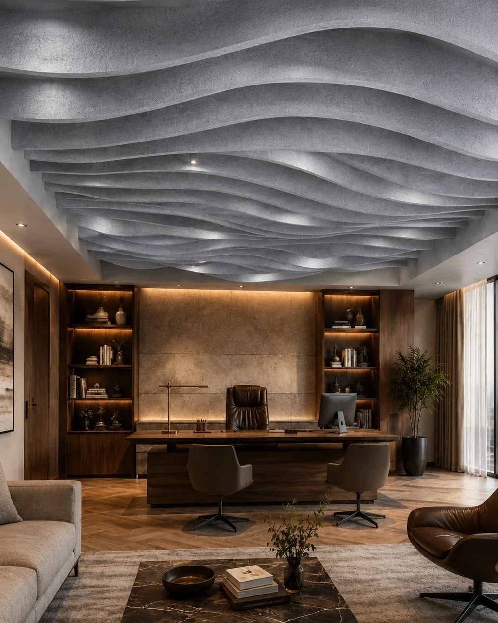 Executive office with a grey wave-shaped acoustic ceiling, recessed downlights between the curves, a timber desk and a leather armchair