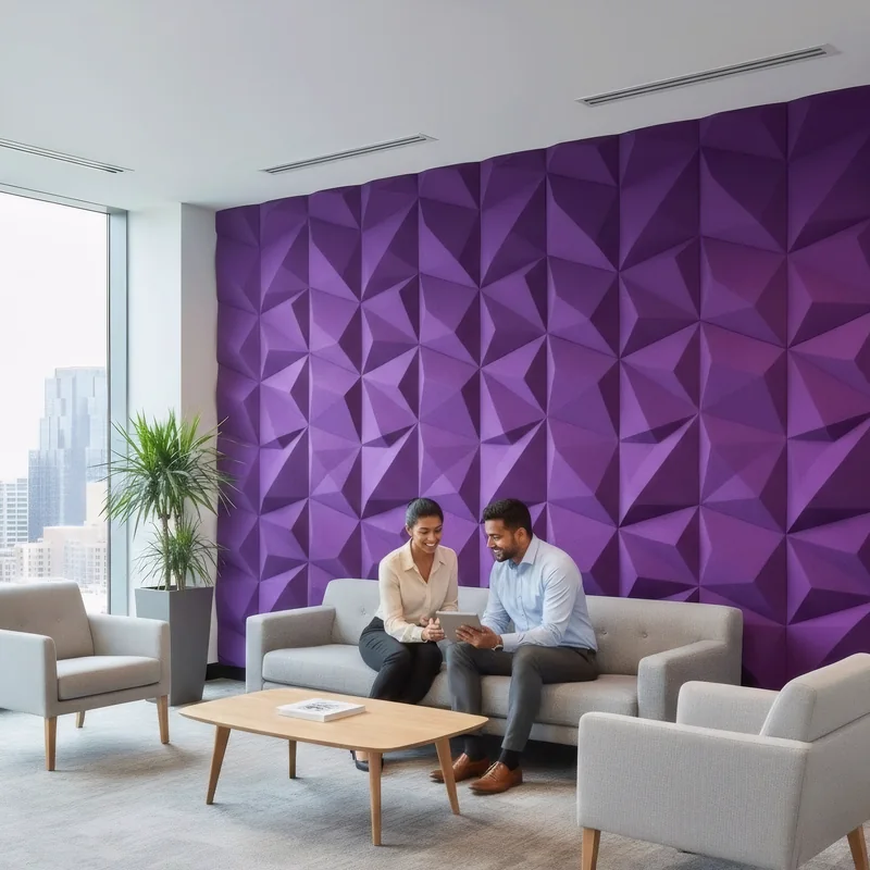 Purple faceted acoustic panels covering the wall of a bright lounge with two people talking on a sofa