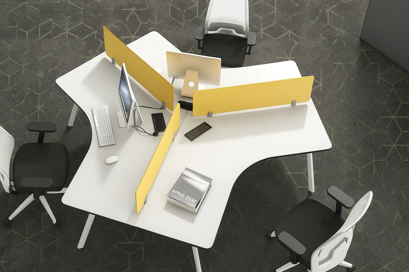 Cluster of white office workstations with yellow divider screens and black chairs on a dark patterned carpet floor