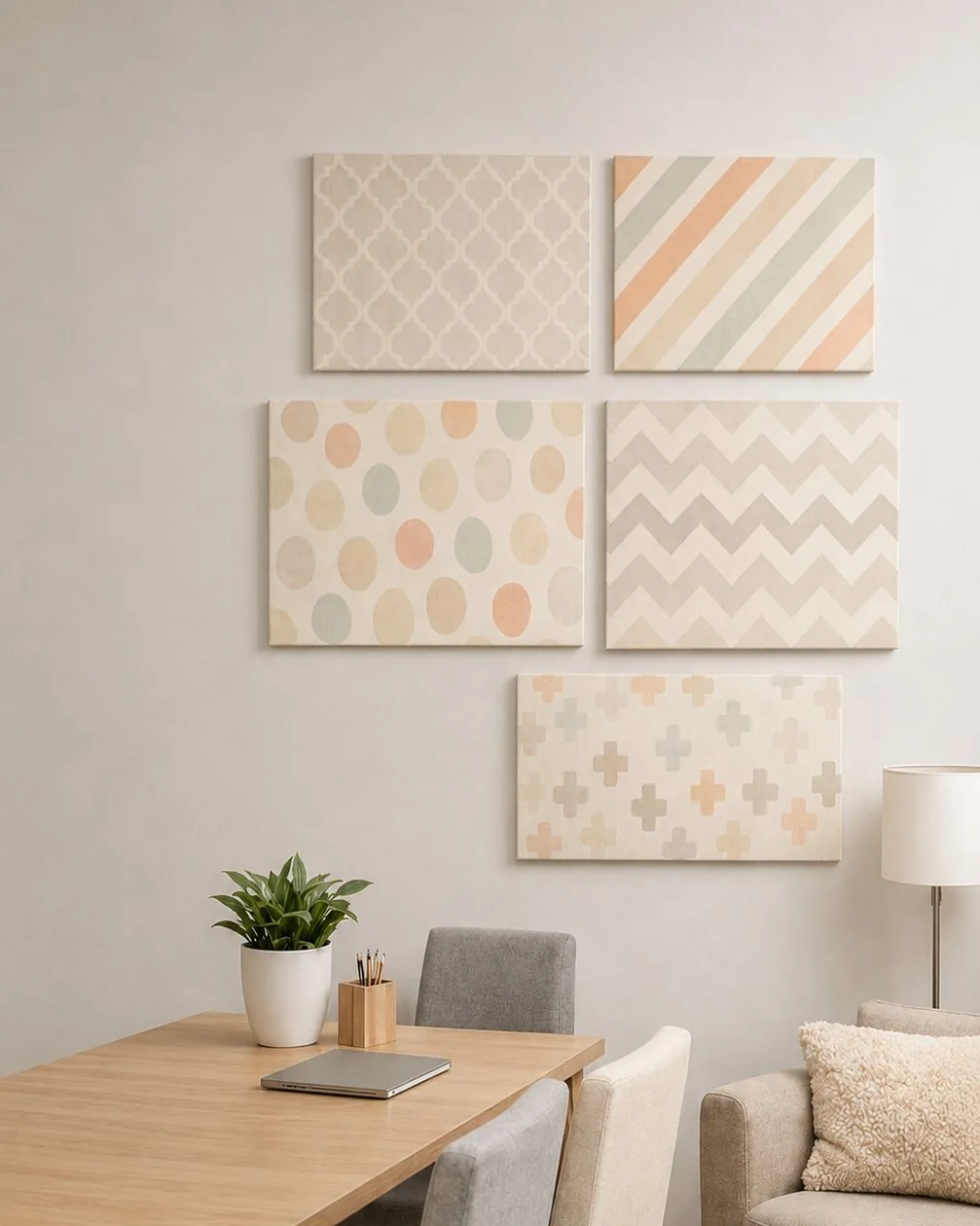 Five pastel printed acoustic panels with lattice, stripe, dot, chevron and cross patterns on a wall above a wooden dining table, with a floor lamp beside a sofa
