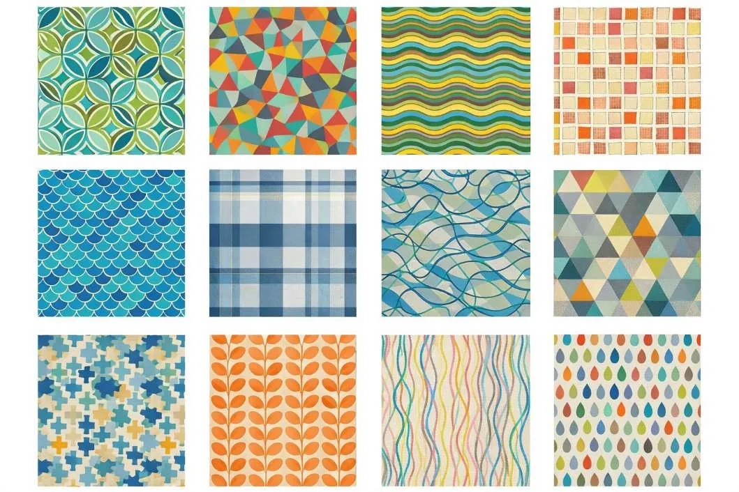 Twelve square printed acoustic panel designs in a grid, including geometric triangles, blue plaid, wavy stripes, orange leaves and multicoloured droplets