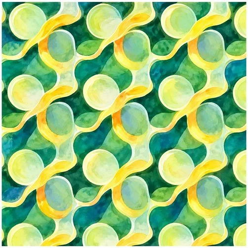 Square printed acoustic panel with overlapping green and yellow circles