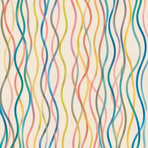 Square printed acoustic panel with thin multicoloured wavy vertical lines on a cream background