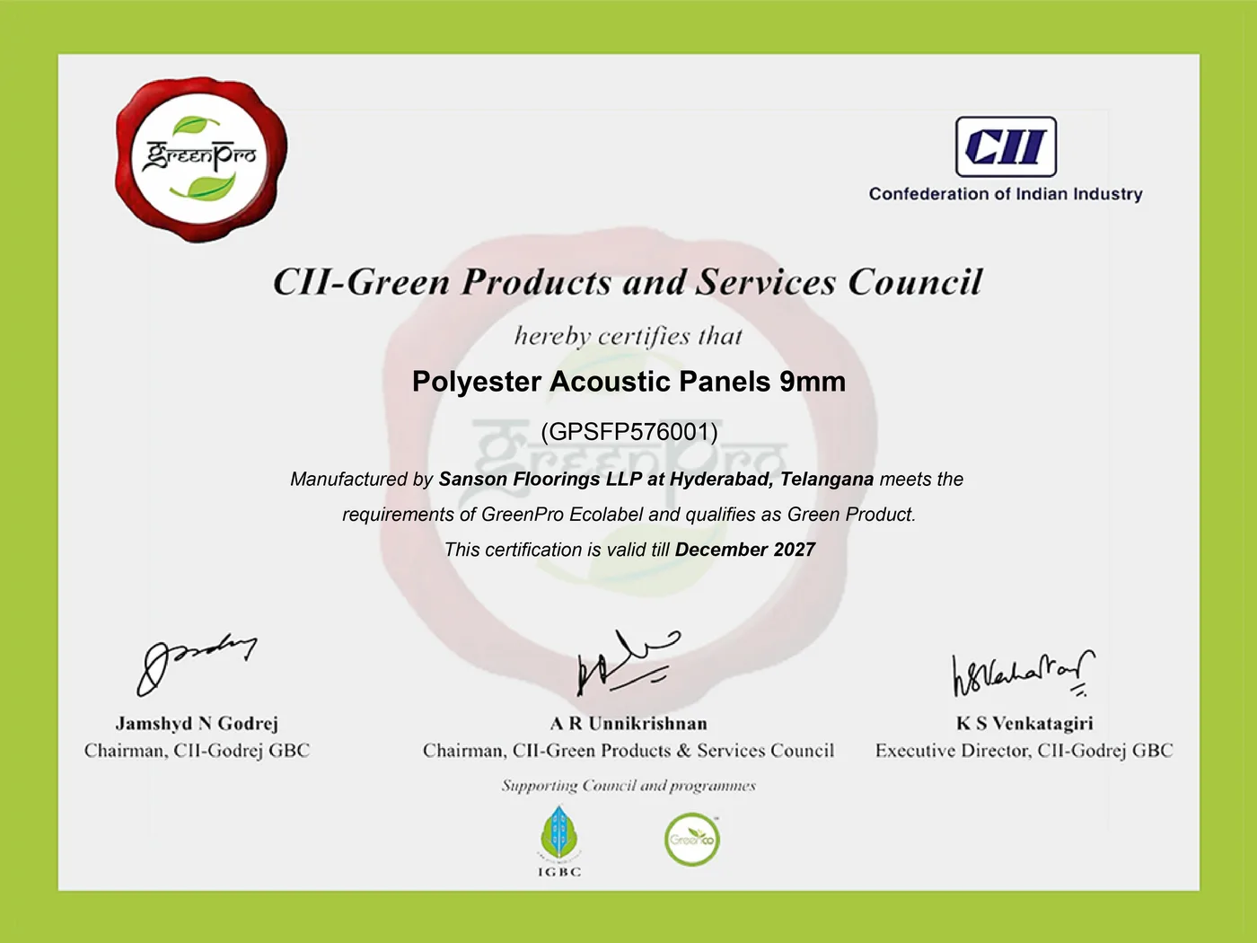 GreenPro certificate from the CII-Green Products and Services Council for Polyester Acoustic Panels 9mm, certificate GPSFP576001, manufactured by Sanson Floorings LLP at Hyderabad, Telangana, valid till December 2027
